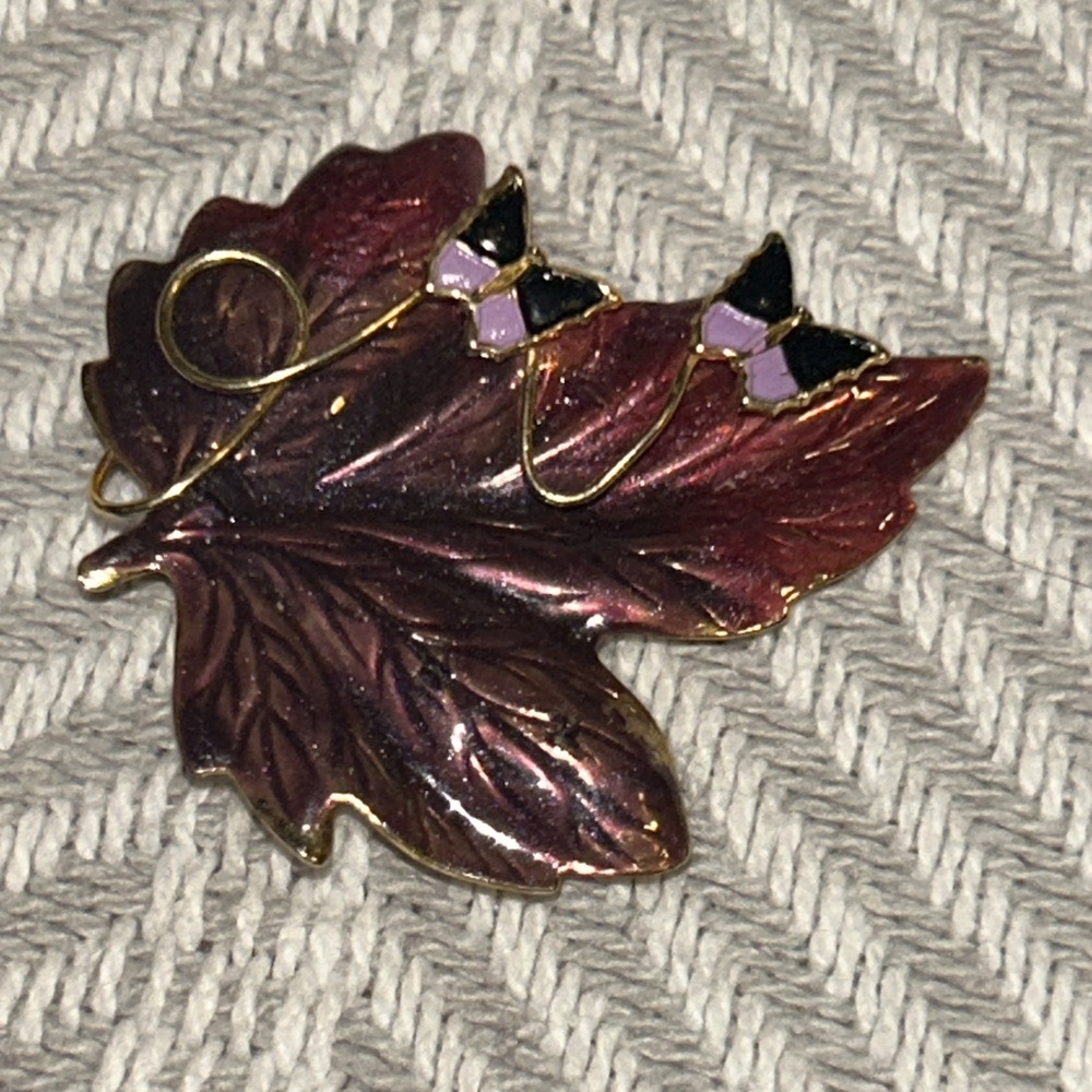 Autumn Leaf Enamel Pin Broach With Butterflies Purple‎ H1
